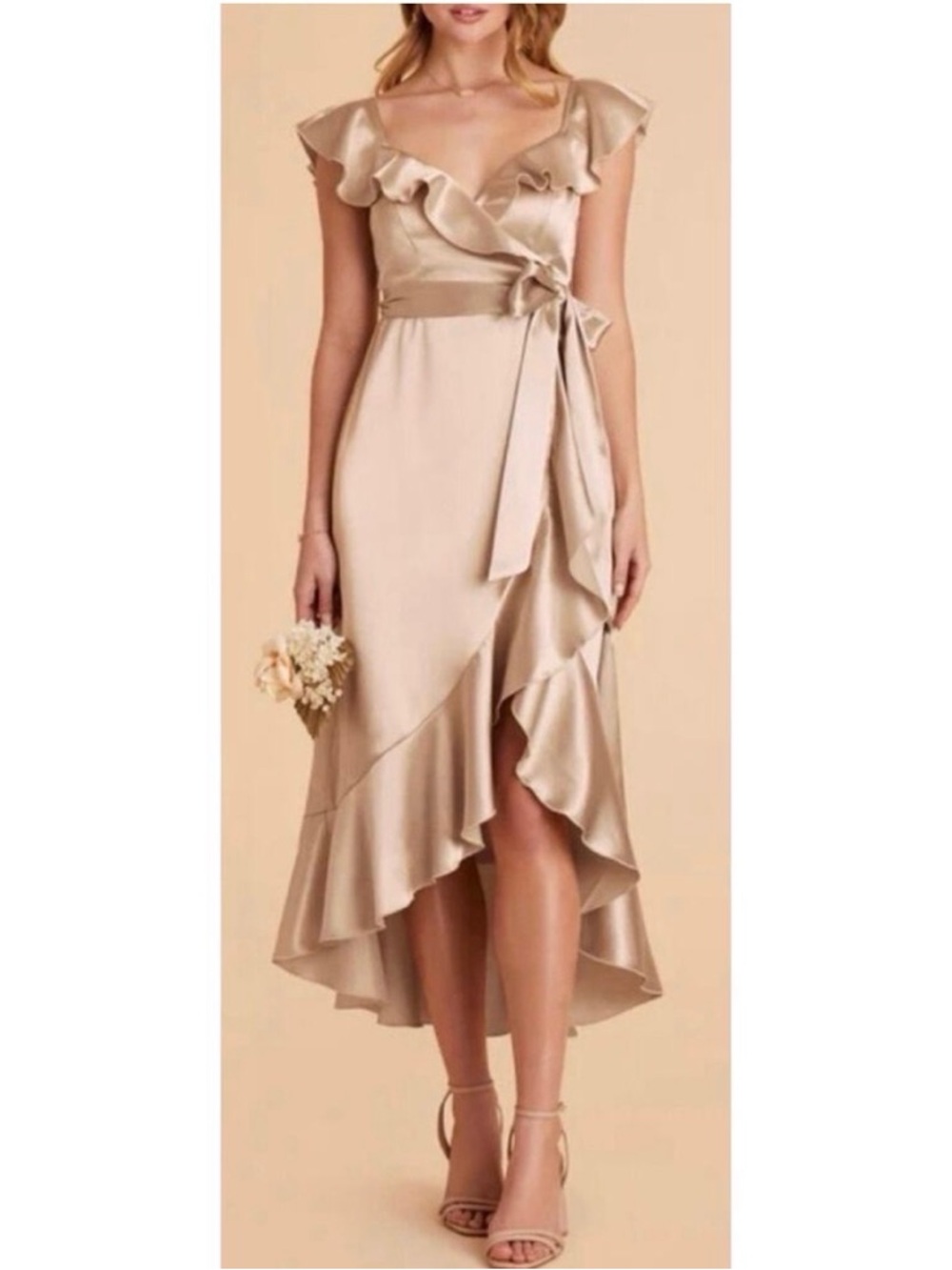 Birdy Grey Satin Neutral Champagne Ruffle V-Neck Midi Bridesmaid James Dress 1X